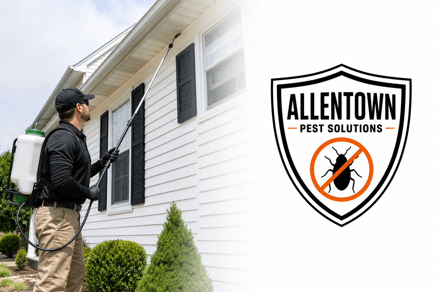 Allentown Pest Solutions technician treating a home exterior with the company shield logo